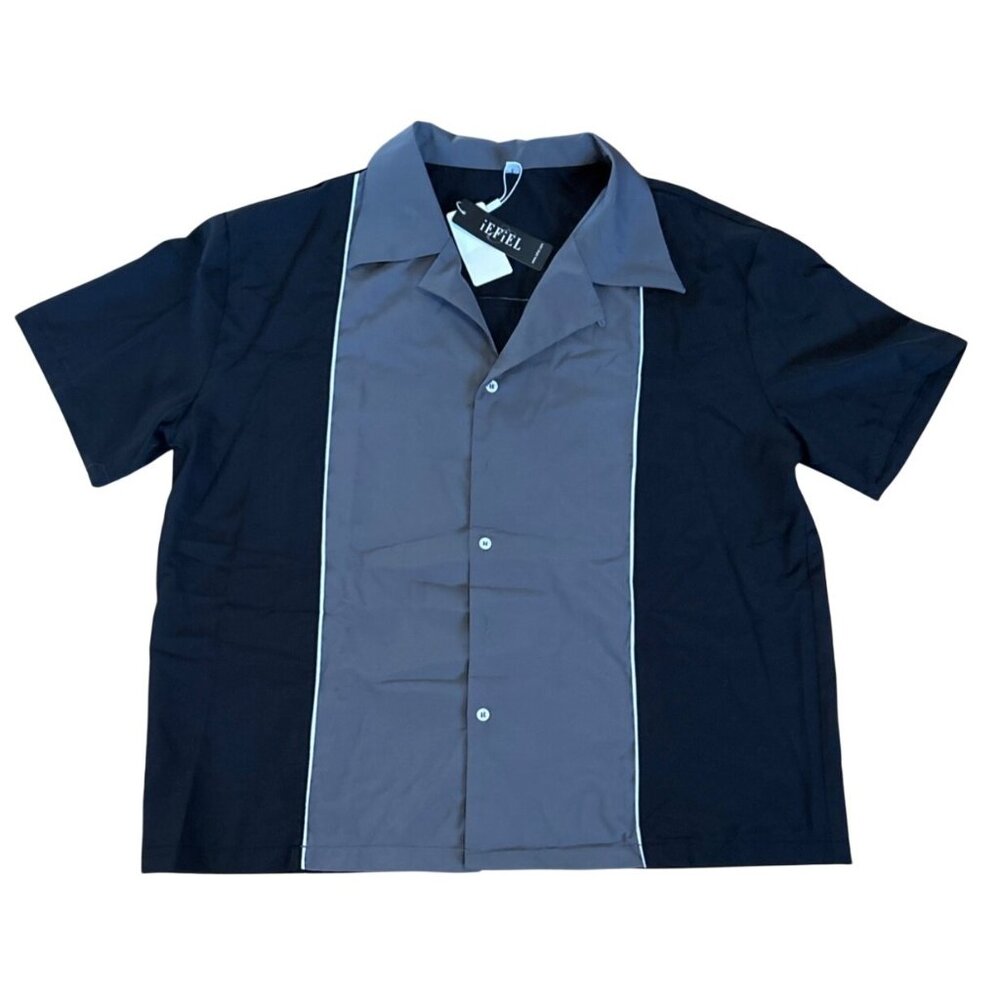 Iefiel Bowling Shirt Mens Short Sleeve Black Grey Size 2XL Lightweight
